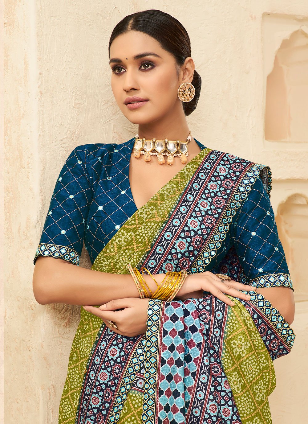 Designer Chinon Green Bandhej Saree