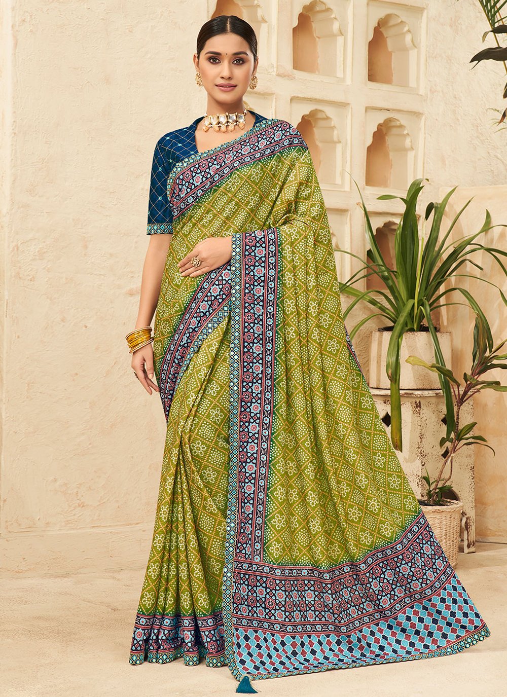 Designer Chinon Green Bandhej Saree