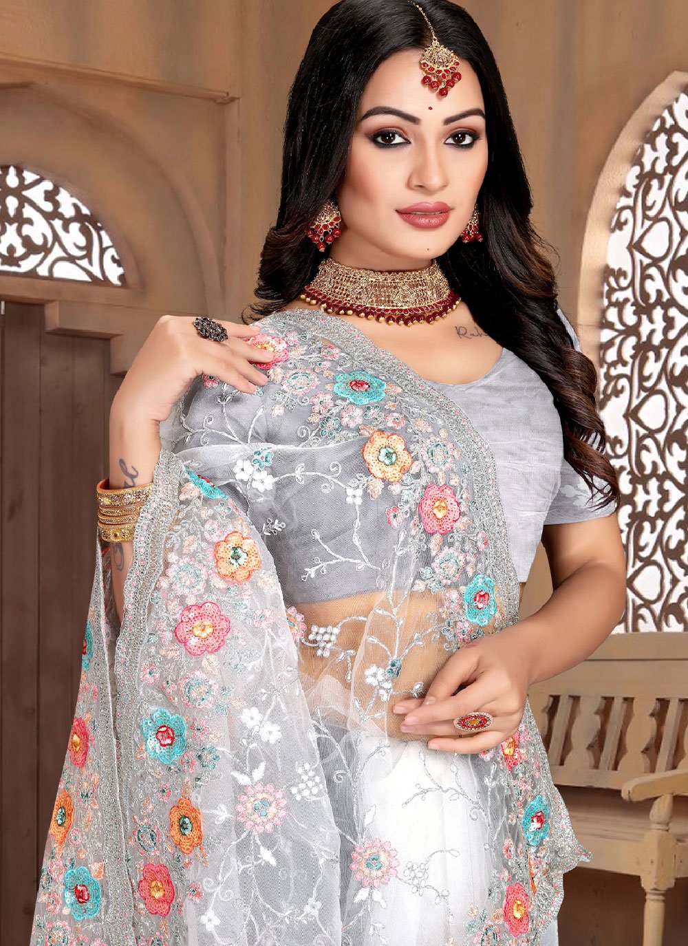 Traditional Saree Net White Cord Work Saree