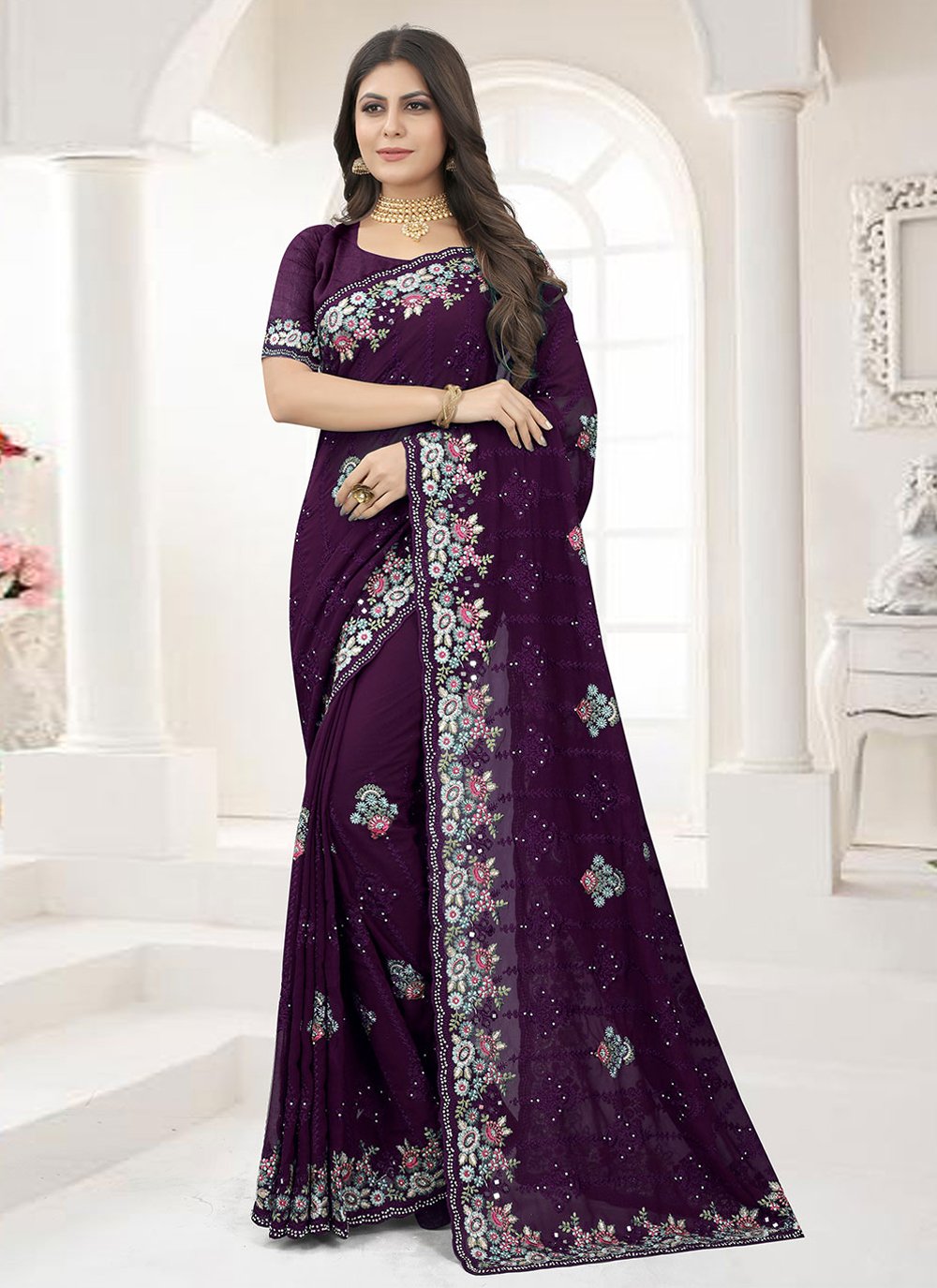 Classic Georgette Wine Embroidered Saree