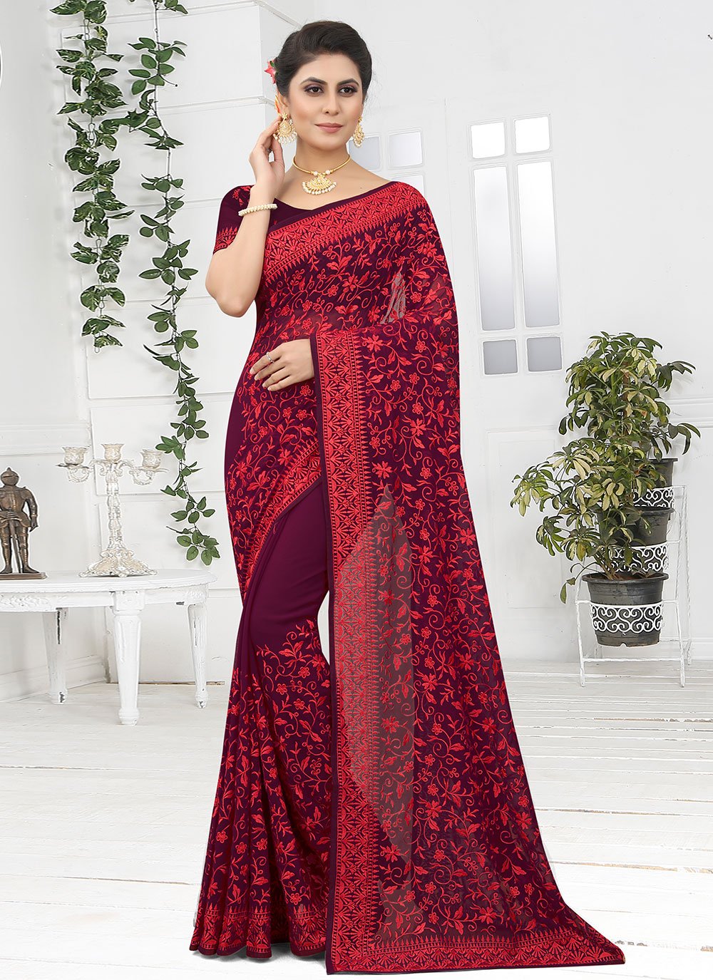 Trendy Saree Georgette Wine Embroidered Saree