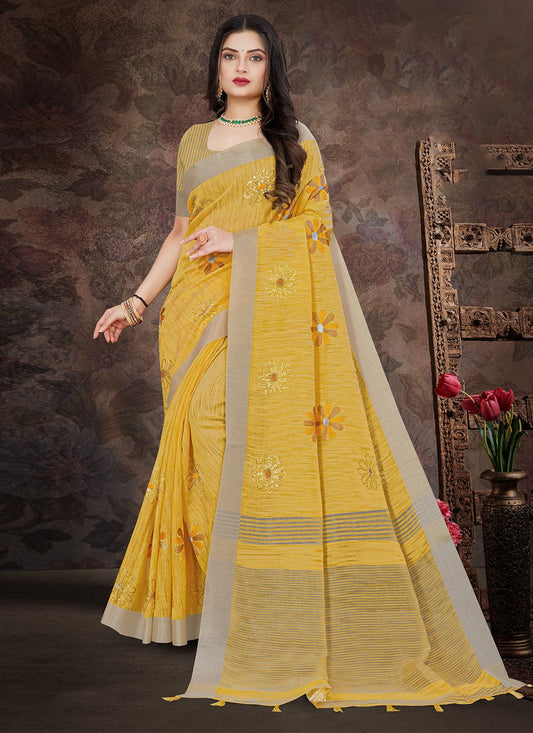 Classic Linen Yellow Embroidered Saree