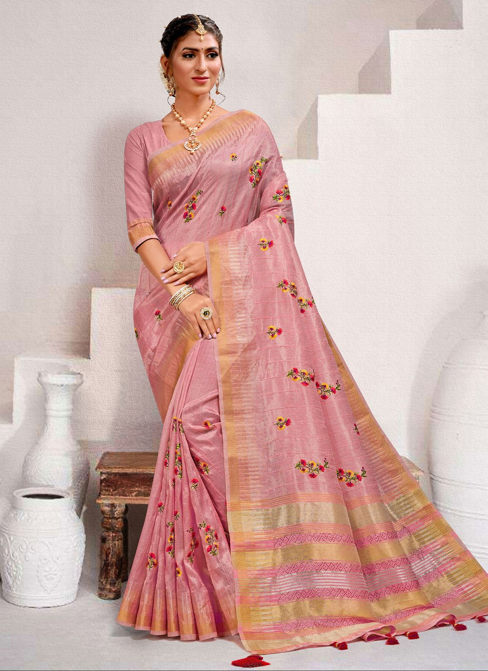 Classic Art Silk Pink Embroidered Saree
