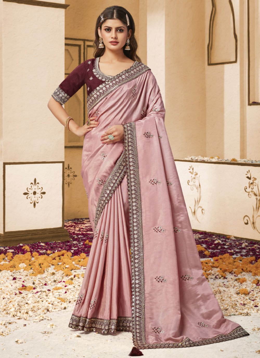 Trendy Saree Georgette Pink Patch Border Saree