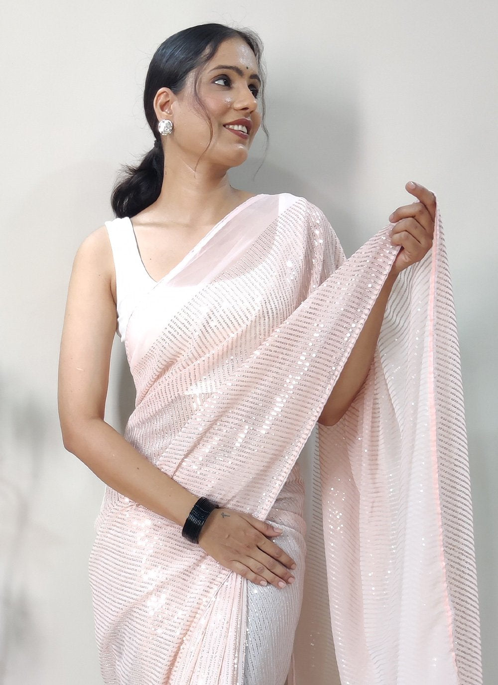 Classic Georgette Pink Sequins Saree