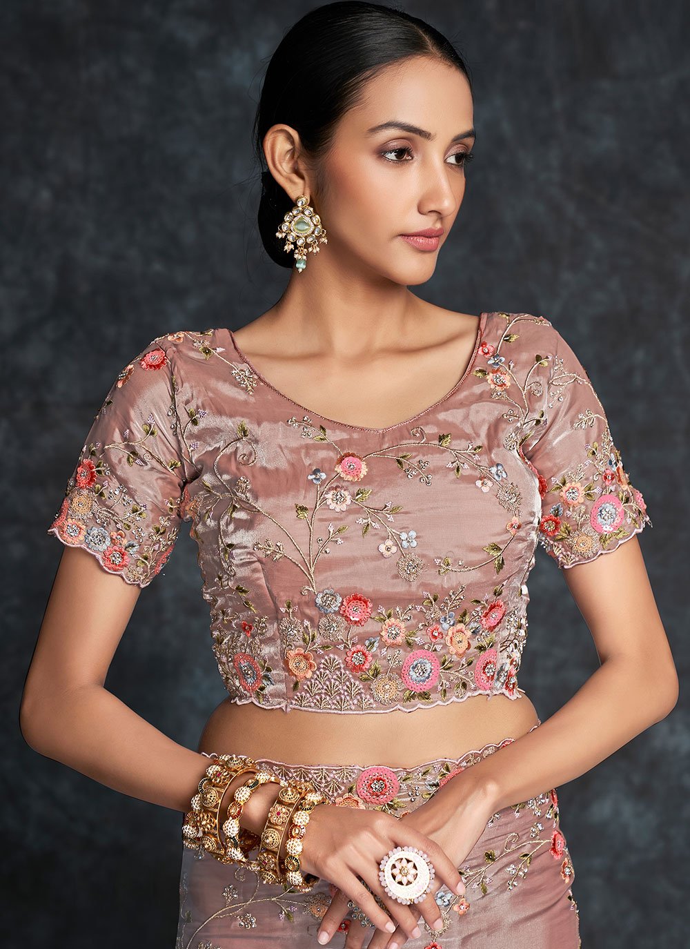 Designer Organza Pink Embroidered Saree