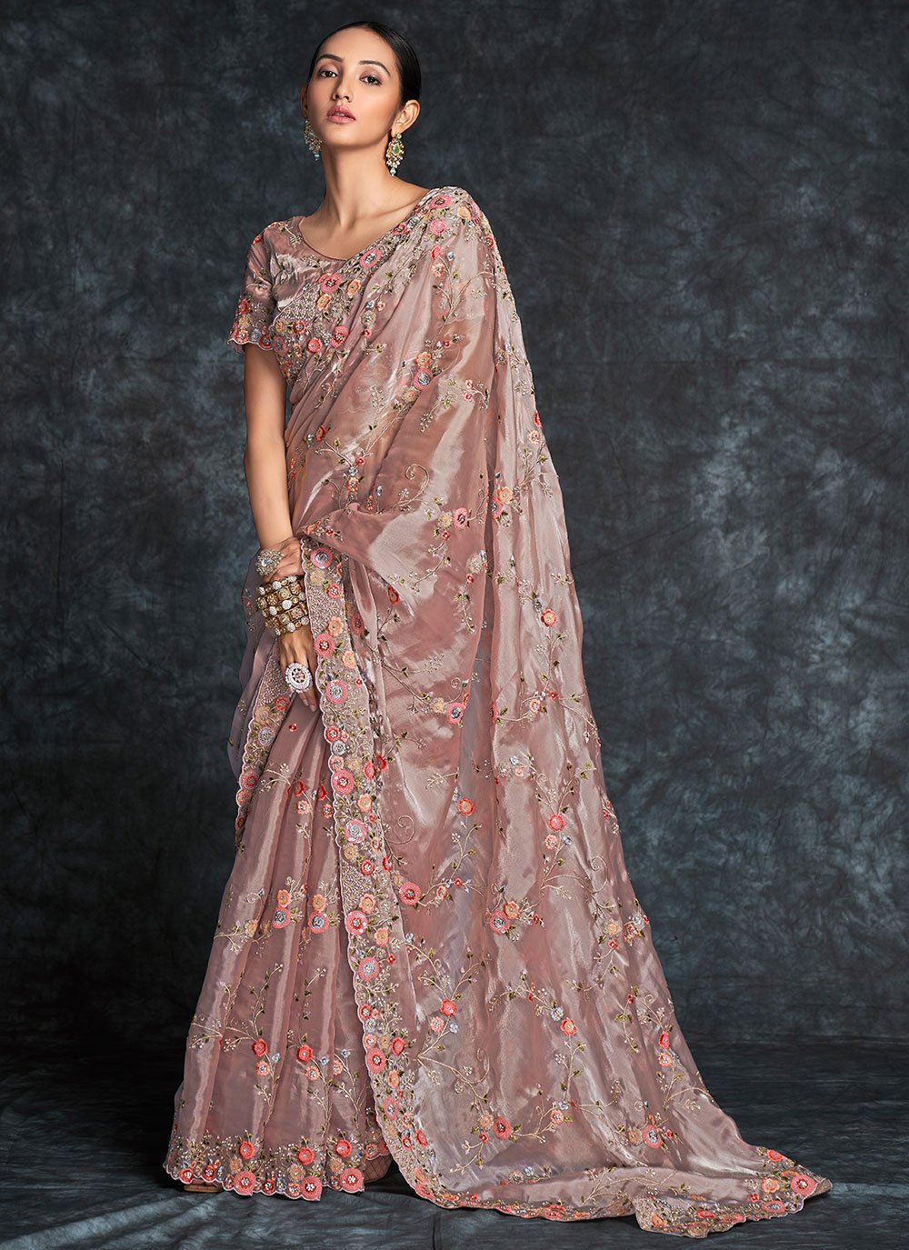 Designer Organza Pink Embroidered Saree