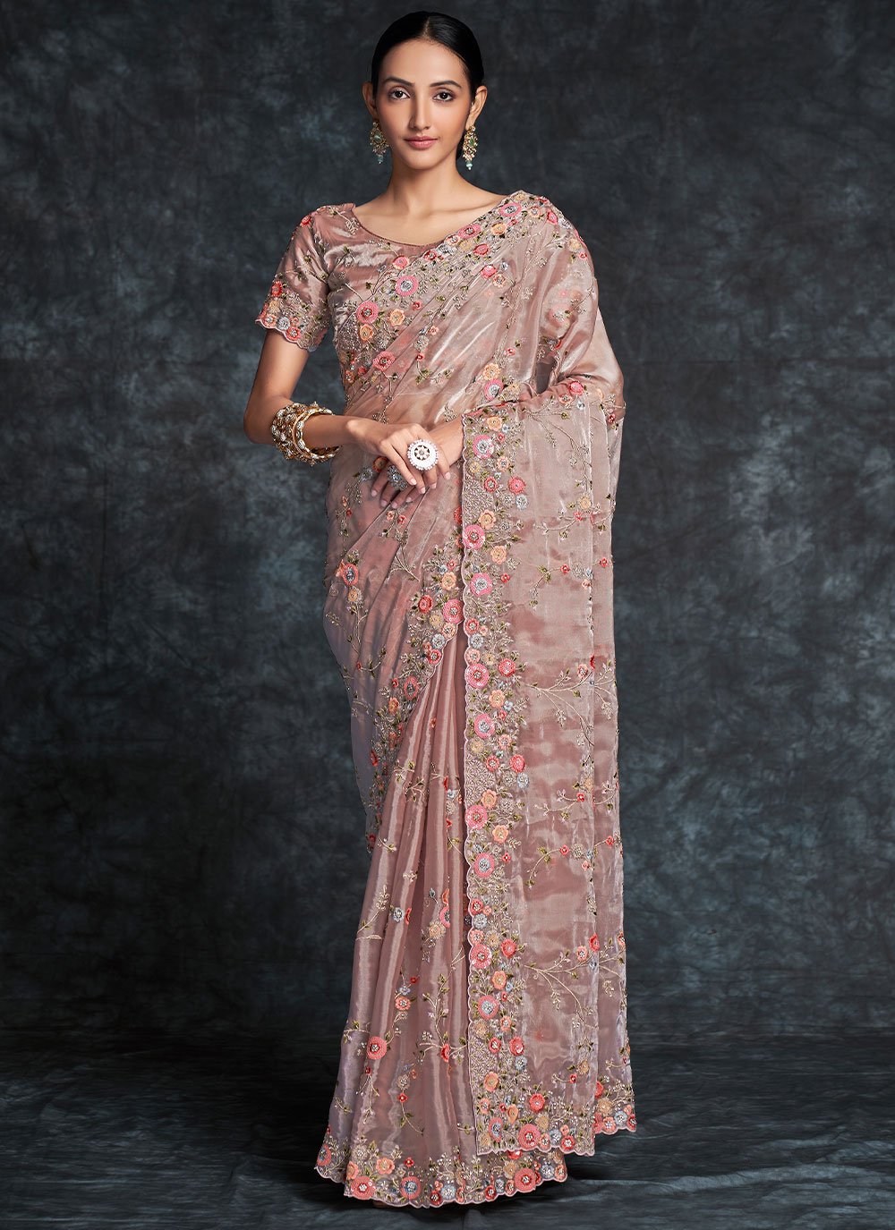 Designer Organza Pink Embroidered Saree