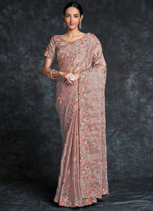 Designer Organza Pink Embroidered Saree