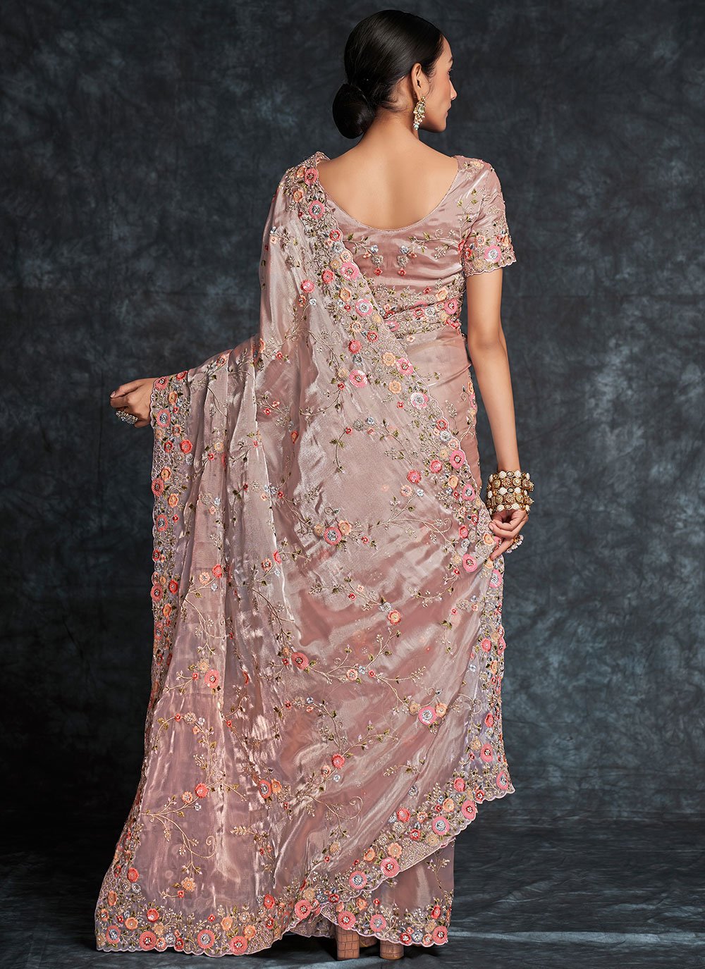 Designer Organza Pink Embroidered Saree