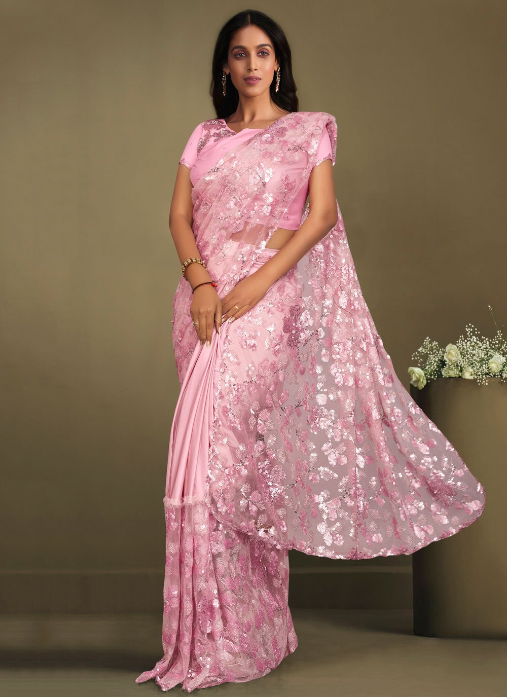 Classic Crepe Silk Lycra Pink Embroidered Saree