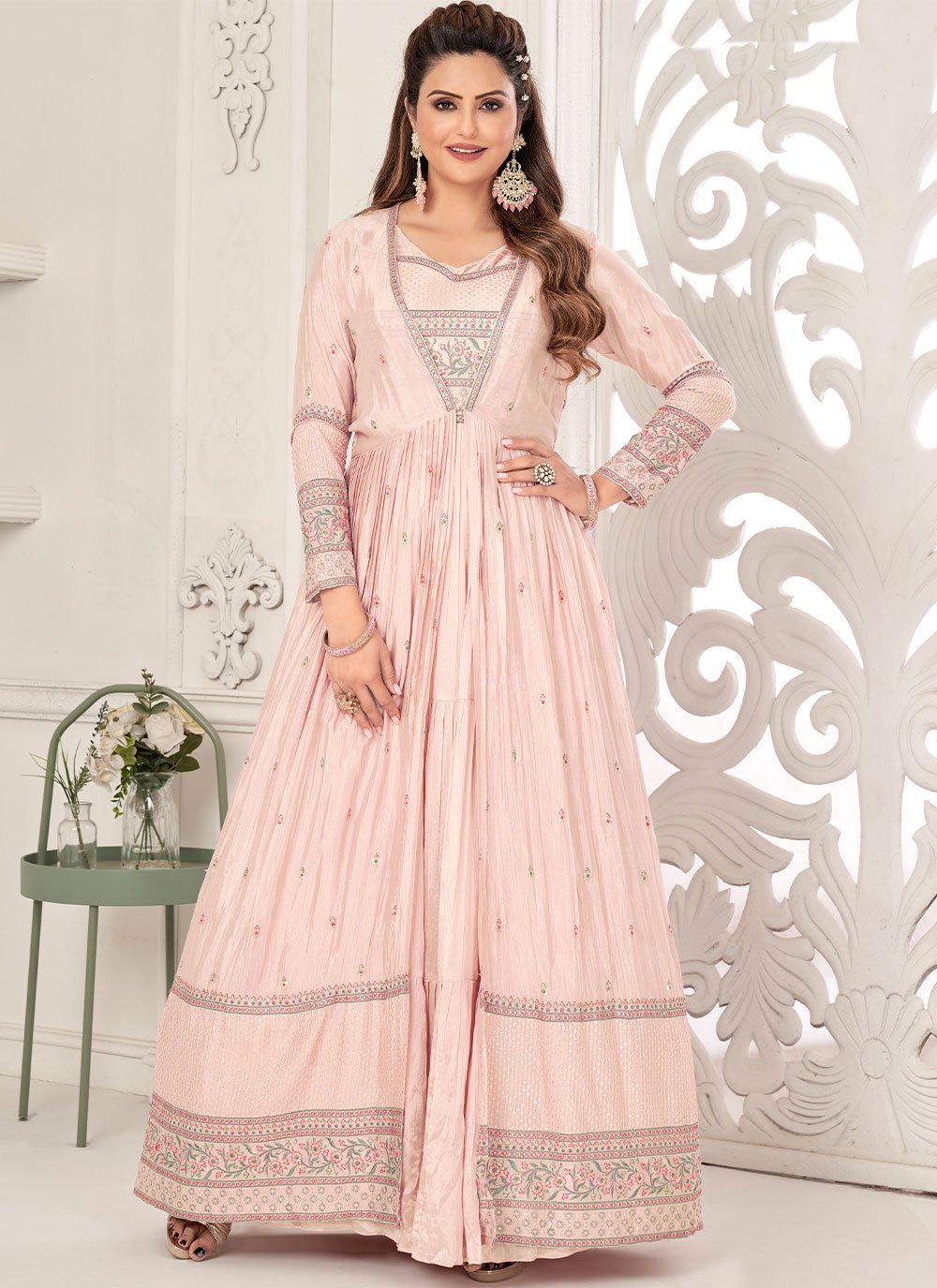 Gown Chinon Pink Embroidered Gown