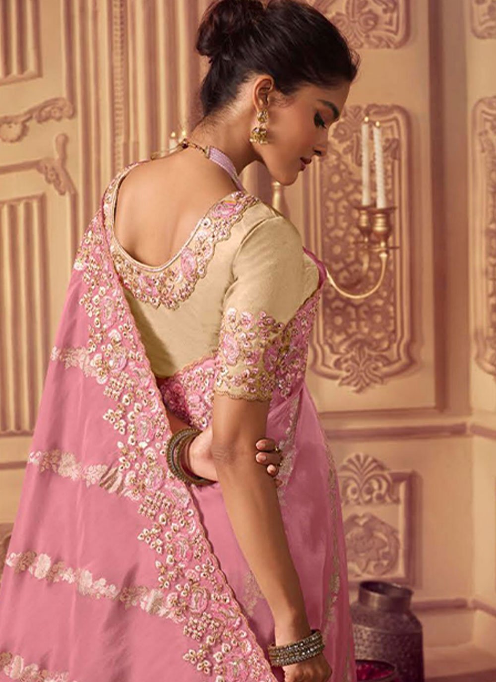 Trendy Saree Chinon Georgette Pink Embroidered Saree