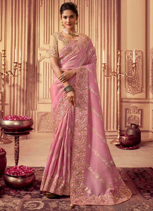 Trendy Saree Chinon Georgette Pink Embroidered Saree