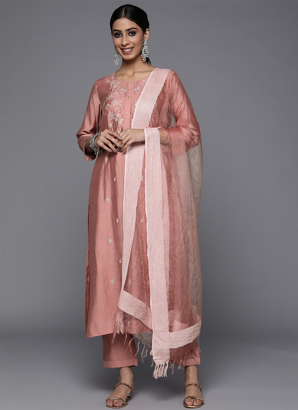 Salwar Suit Silk Blend Pink Embroidered Salwar Kameez