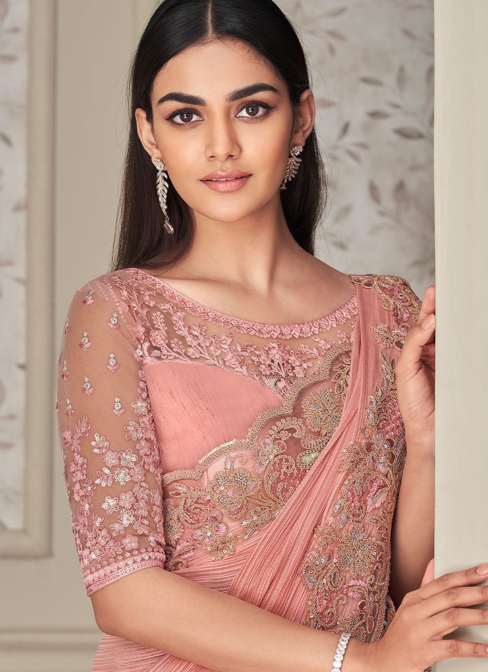 Classic Shimmer Georgette Pink Embroidered Saree