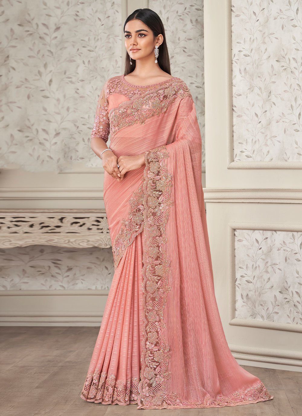 Classic Shimmer Georgette Pink Embroidered Saree