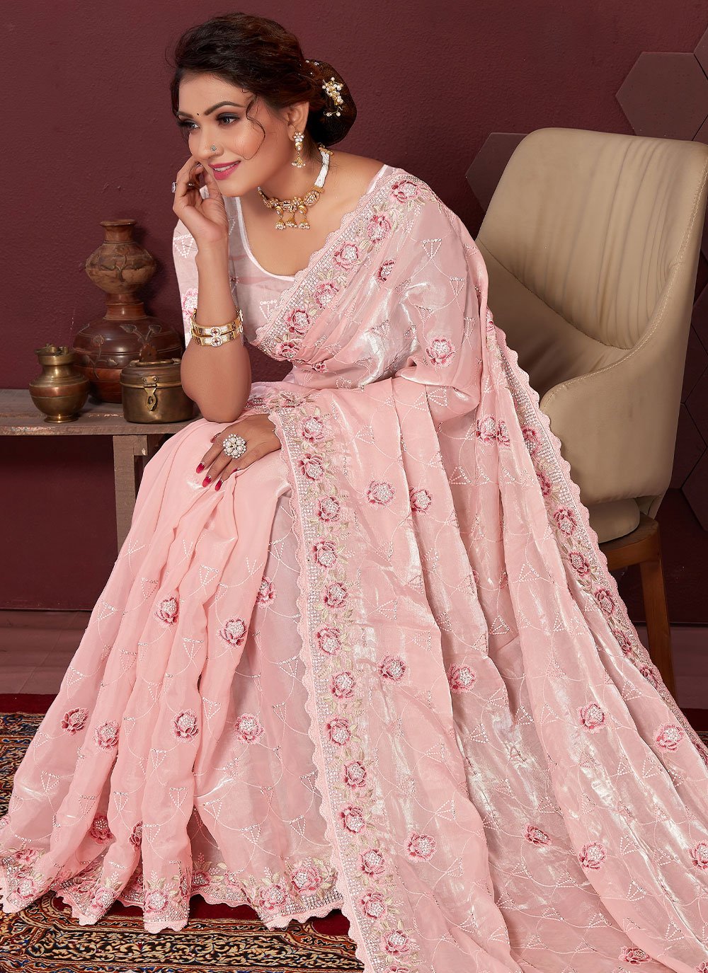 Classic Satin Silk Pink Embroidered Saree