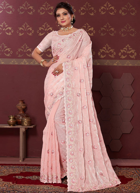 Classic Satin Silk Pink Embroidered Saree