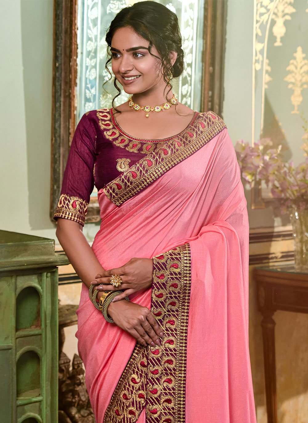 Trendy Saree Vichitra Silk Pink Embroidered Saree