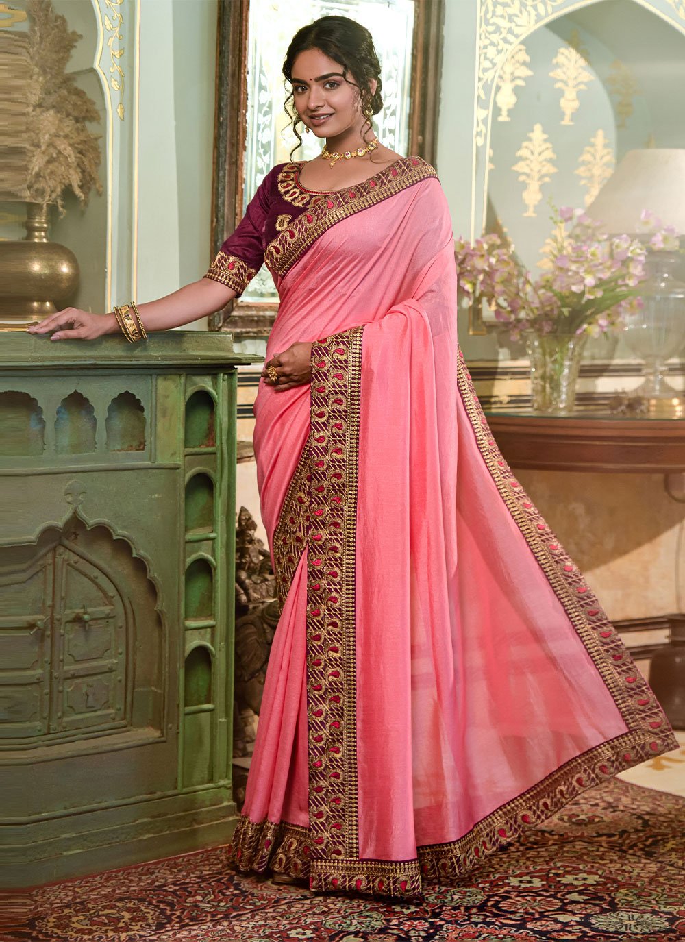 Trendy Saree Vichitra Silk Pink Embroidered Saree