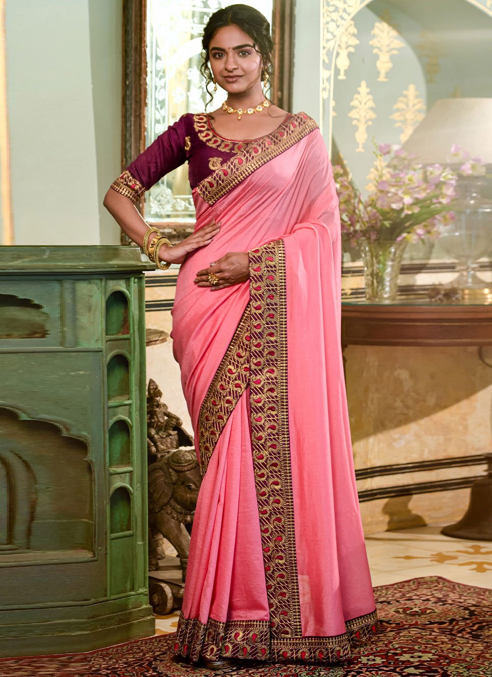 Trendy Saree Vichitra Silk Pink Embroidered Saree