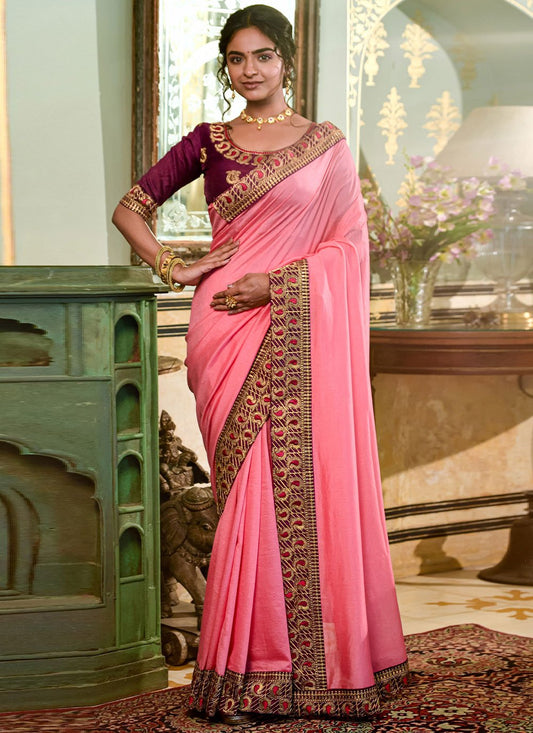 Trendy Saree Vichitra Silk Pink Embroidered Saree