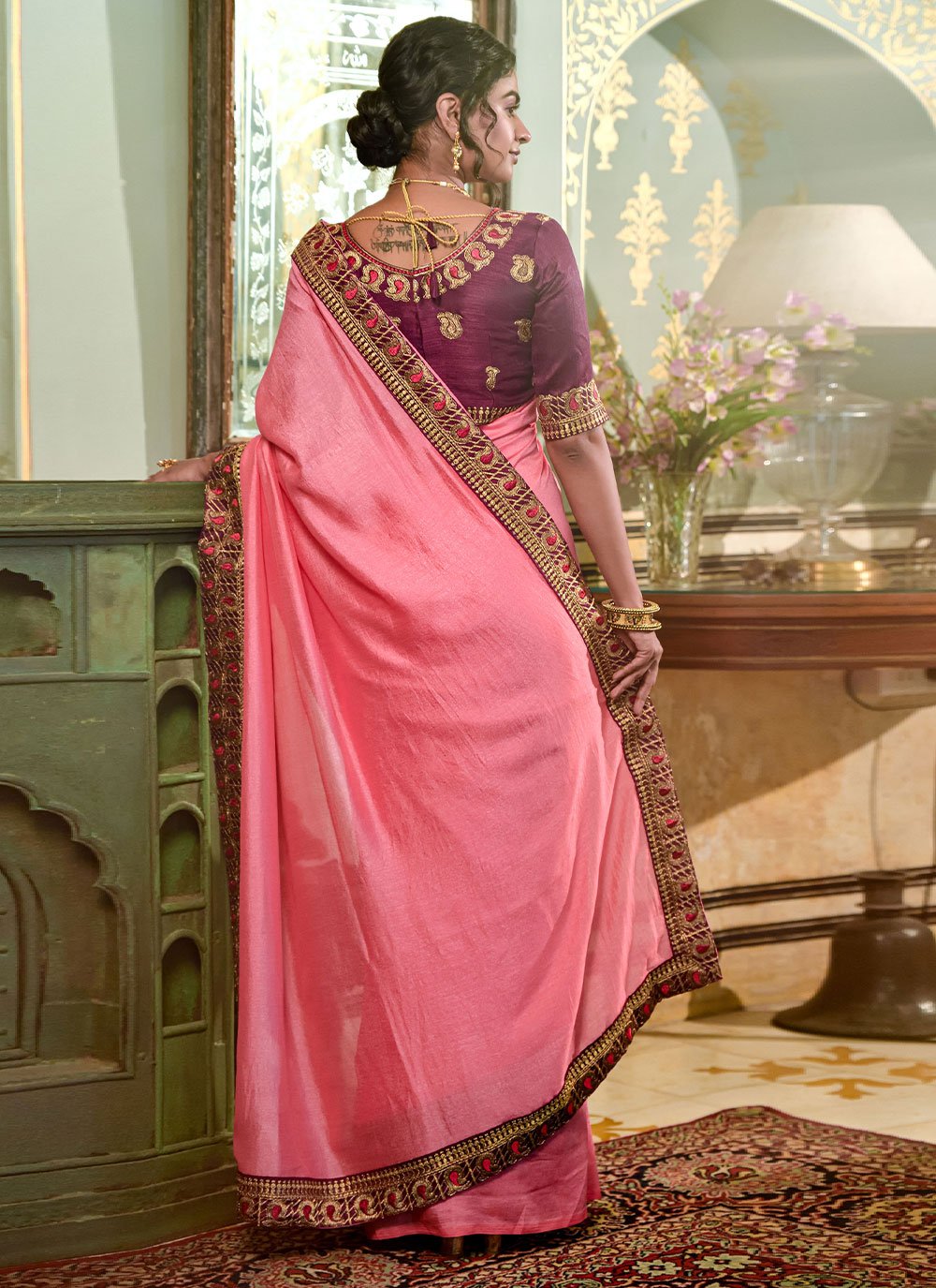 Trendy Saree Vichitra Silk Pink Embroidered Saree