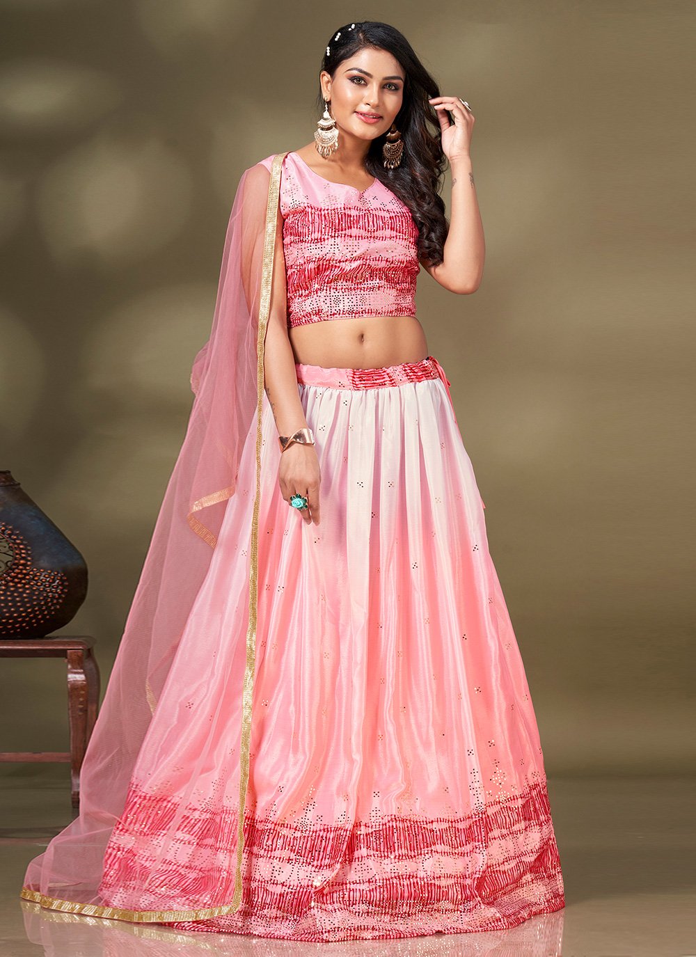 A Line Lehenga Chiffon Pink Fancy Work Lehenga Choli