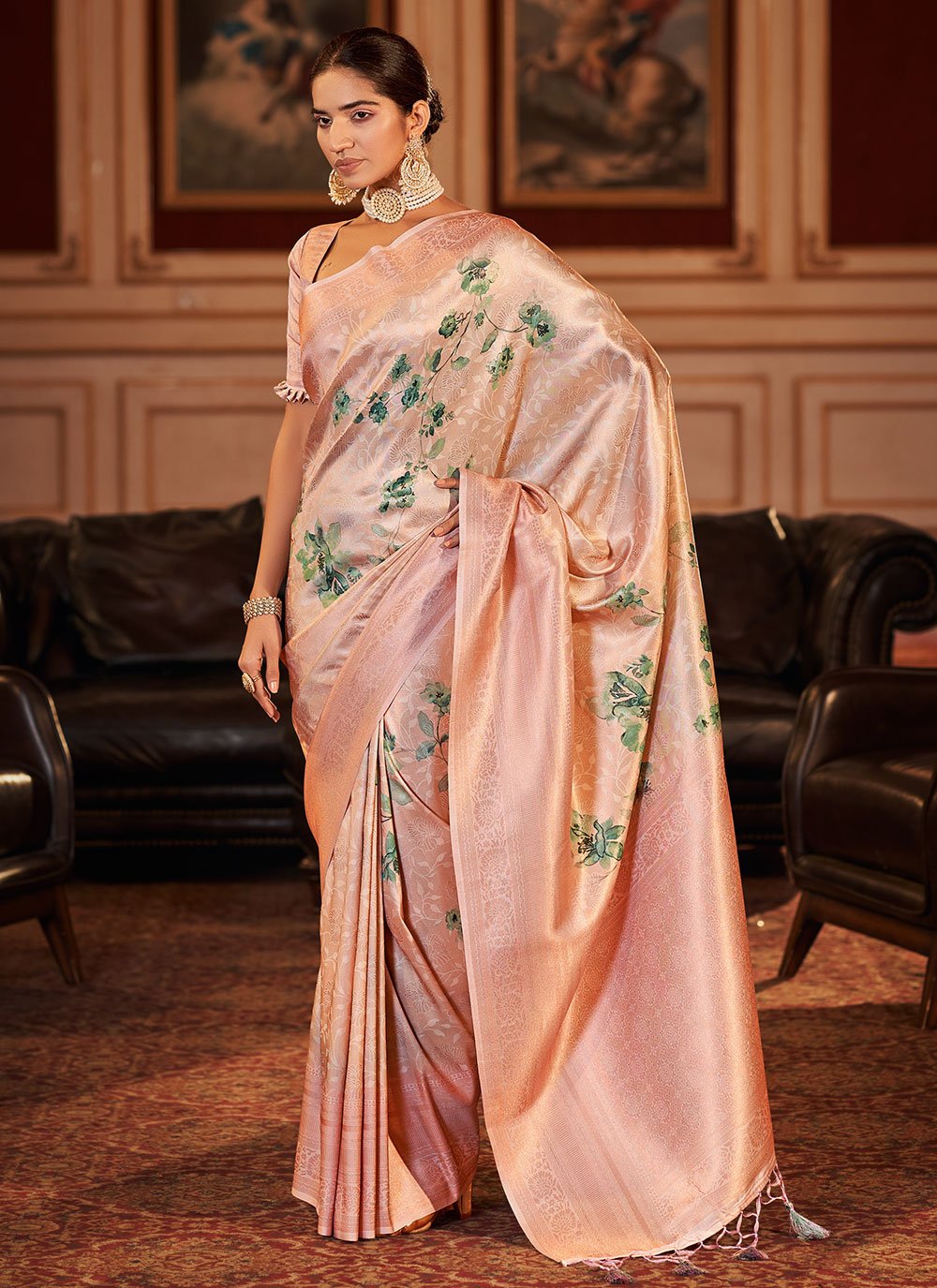 Classic Jacquard Pink Digital Print Saree