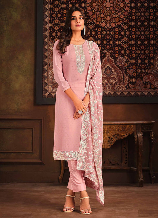 Designer Pakistani Salwar Suit Georgette Pink Embroidered Salwar Kameez