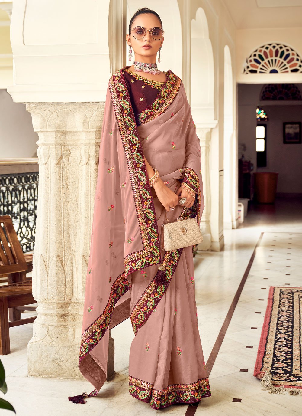 Designer Georgette Pink Embroidered Saree