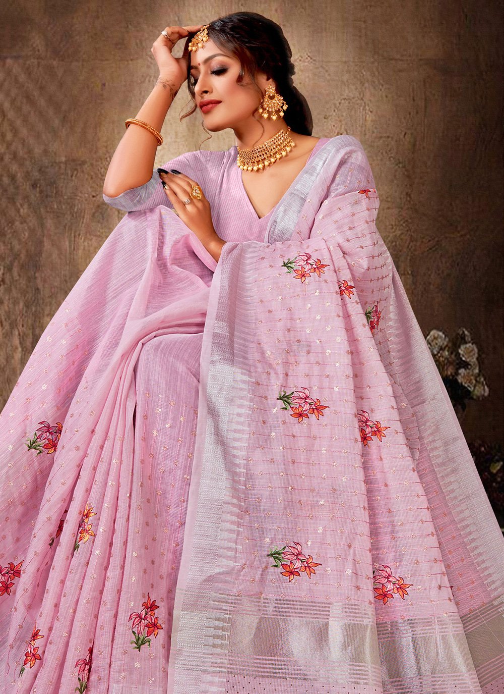 Contemporary Linen Tissue Pink Embroidered Saree
