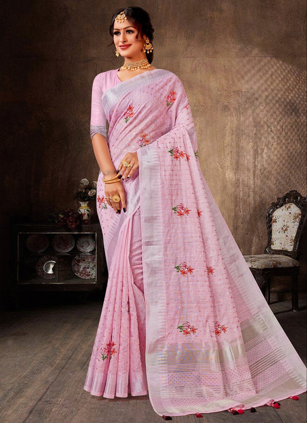 Contemporary Linen Tissue Pink Embroidered Saree