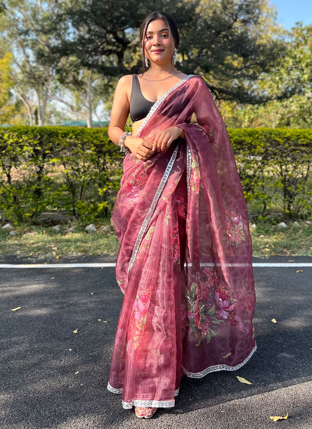 Designer Organza Pink Hand Work Saree