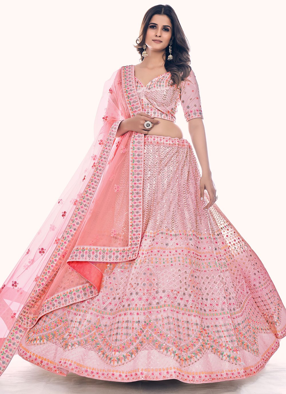 Lehenga Style Saree Net Pink Dori Work Lehenga Choli