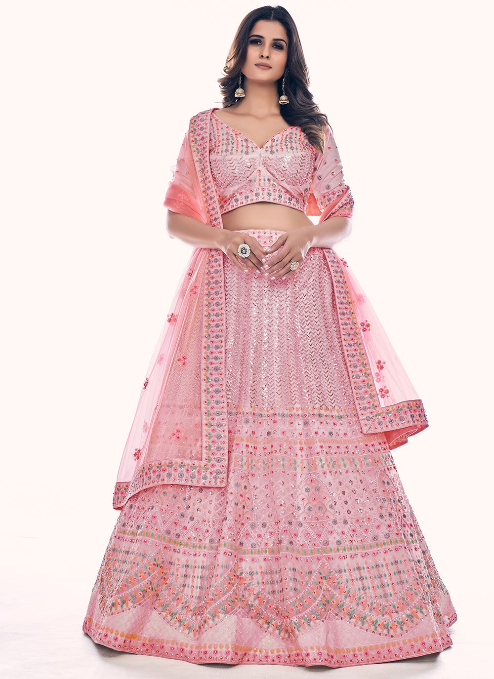 Lehenga Style Saree Net Pink Dori Work Lehenga Choli