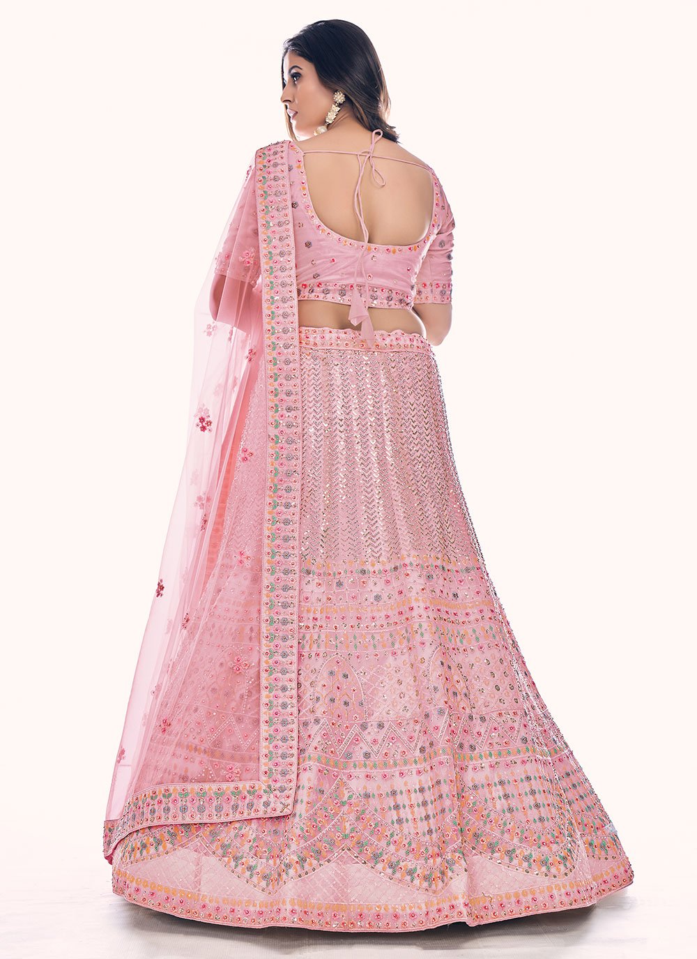 Lehenga Style Saree Net Pink Dori Work Lehenga Choli