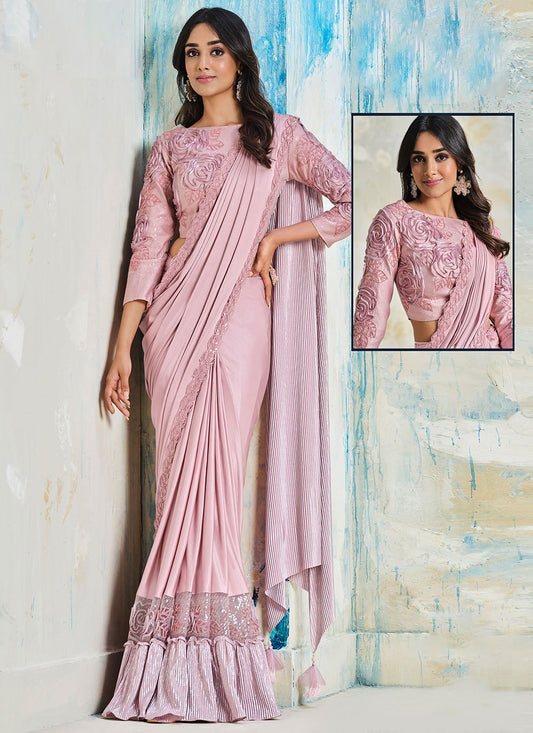 Classic Satin Silk Pink Hand Work Saree