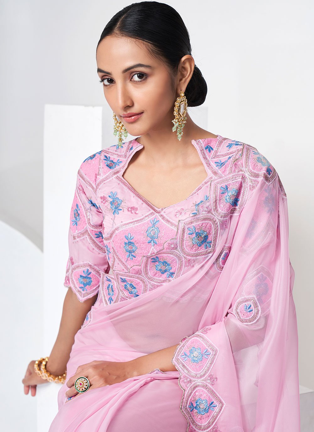 Classic Organza Pink Sequins Saree