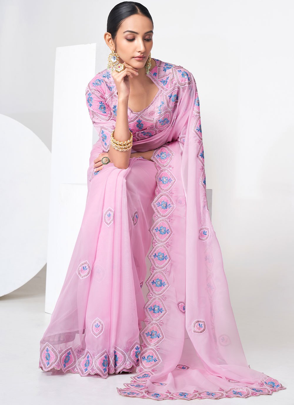 Classic Organza Pink Sequins Saree