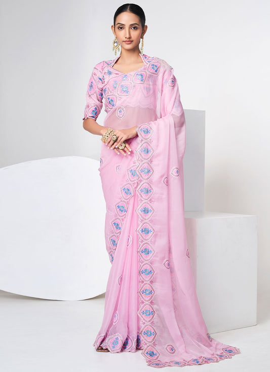 Classic Organza Pink Sequins Saree