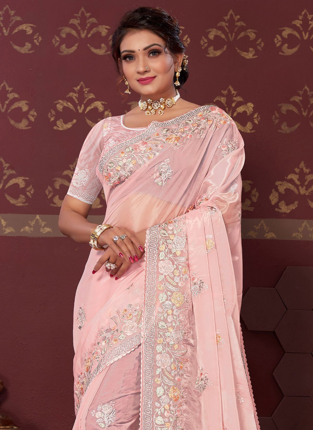 Contemporary Satin Silk Pink Embroidered Saree