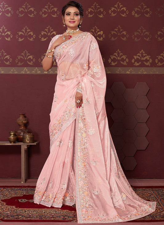 Contemporary Satin Silk Pink Embroidered Saree