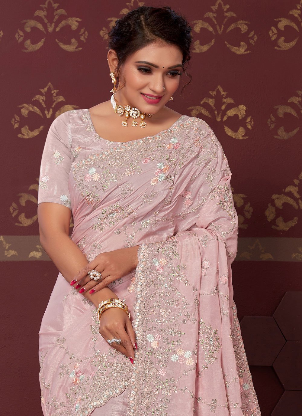 Contemporary Satin Pink Embroidered Saree