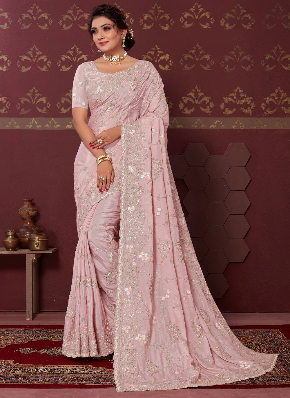 Contemporary Satin Pink Embroidered Saree