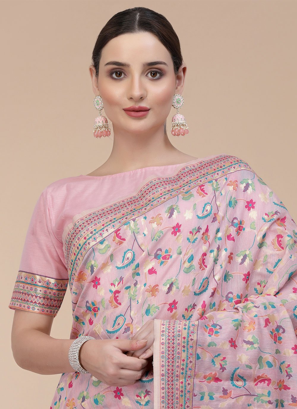 Classic Silk Blend Pink Woven Saree