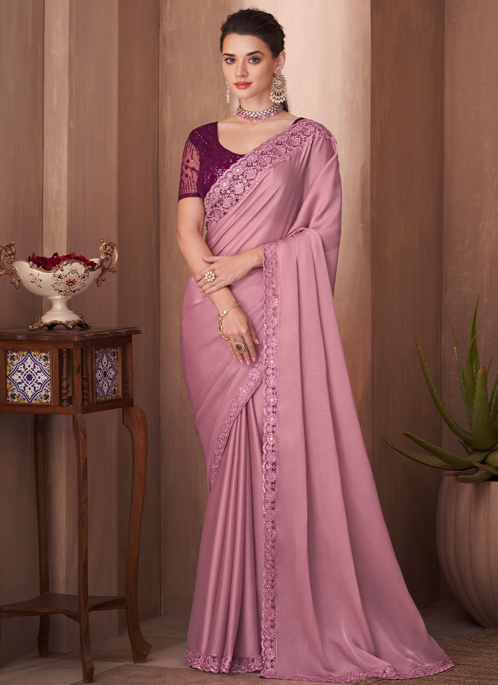 Traditional Saree Silk Pink Embroidered Saree