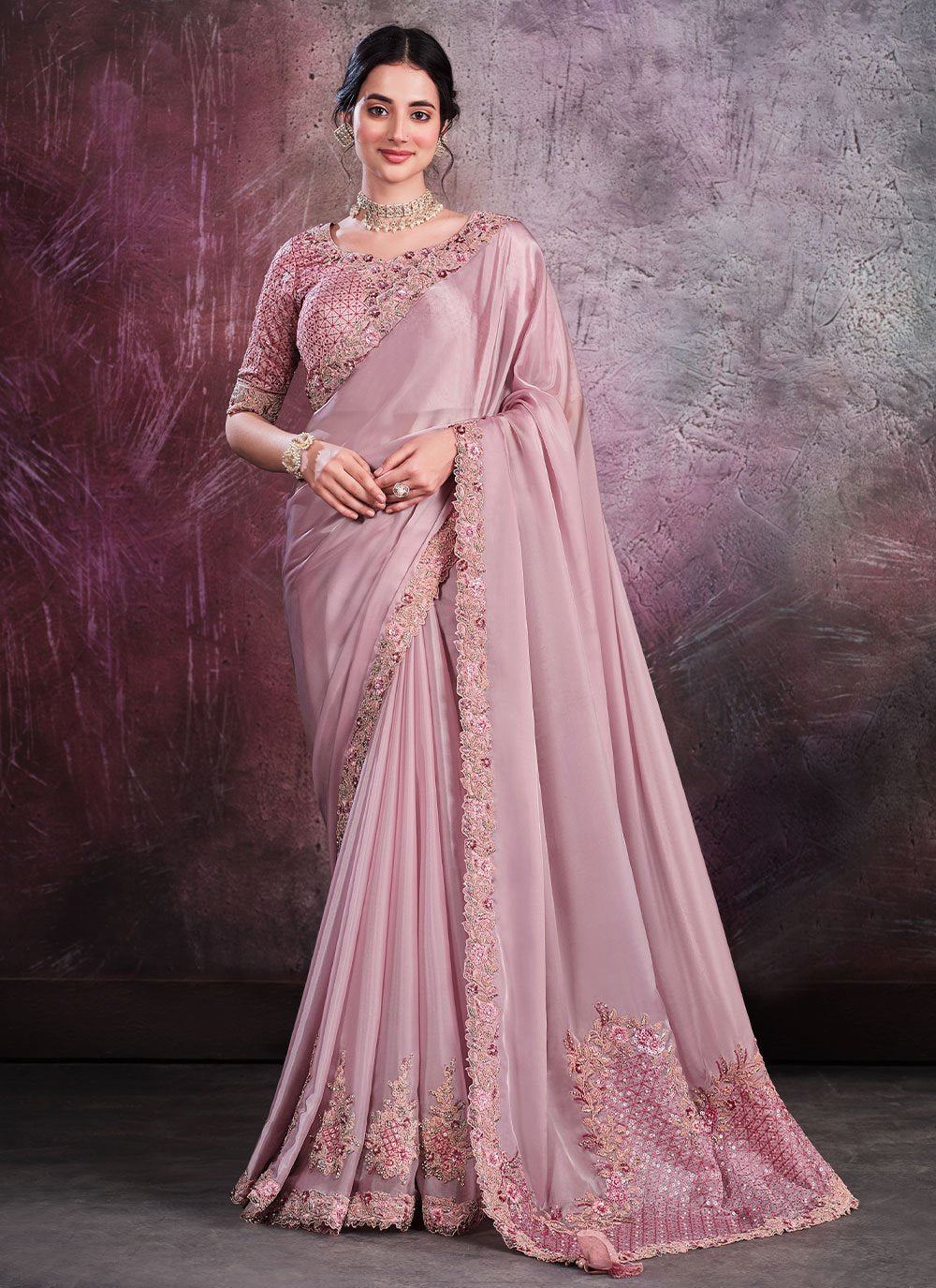 Contemporary Crepe Silk Organza Pink Applique Work Saree