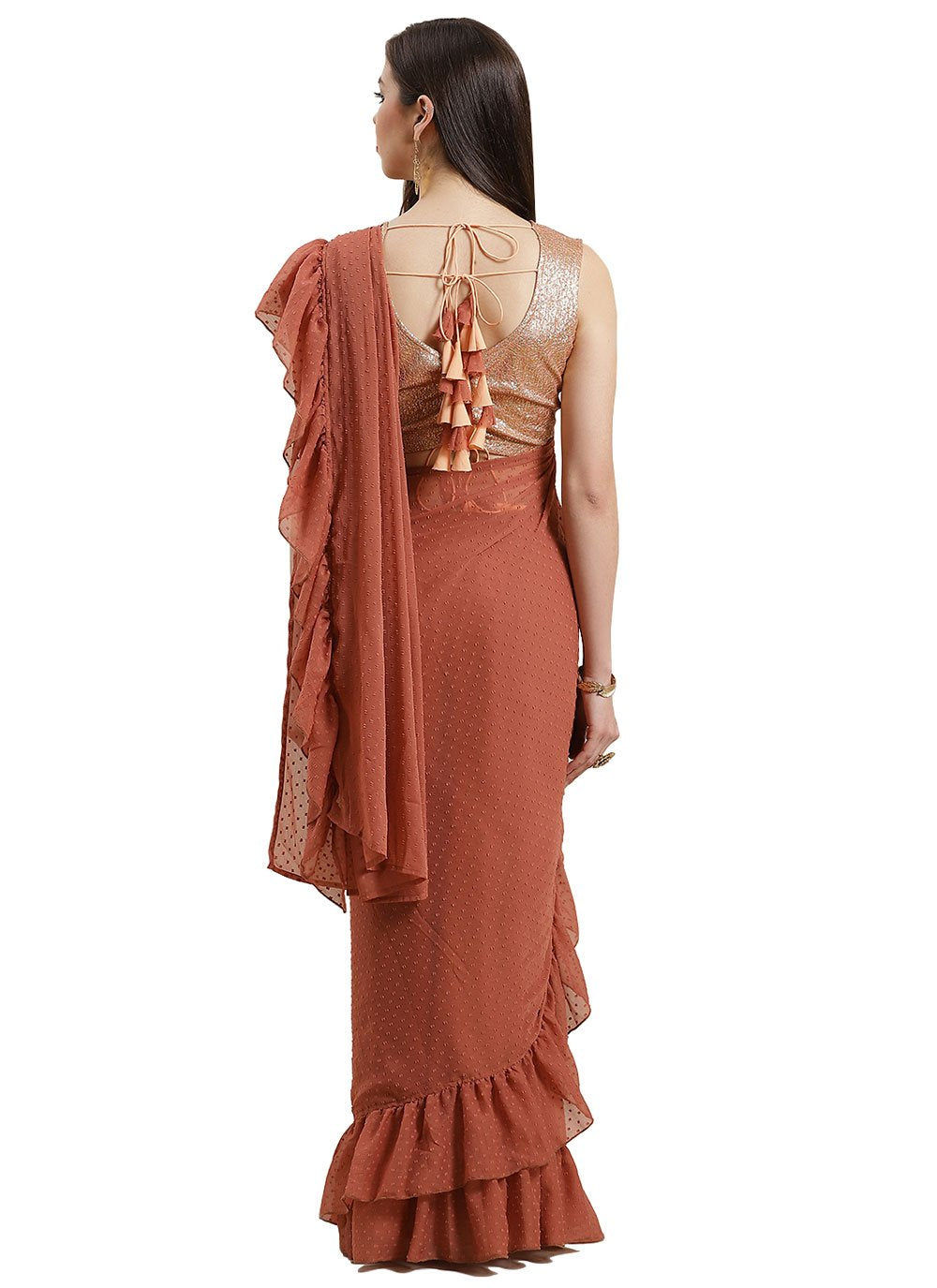 Contemporary Chiffon Orange Ruffle Saree